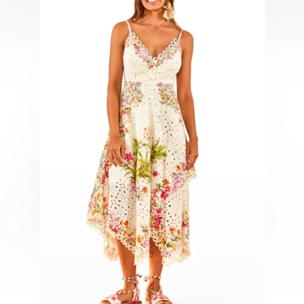 FARM RIO Delicate Forest Scarves Midi Dress XS Eyelet Lace Asymmetric Hi Low - Picture 2 of 14